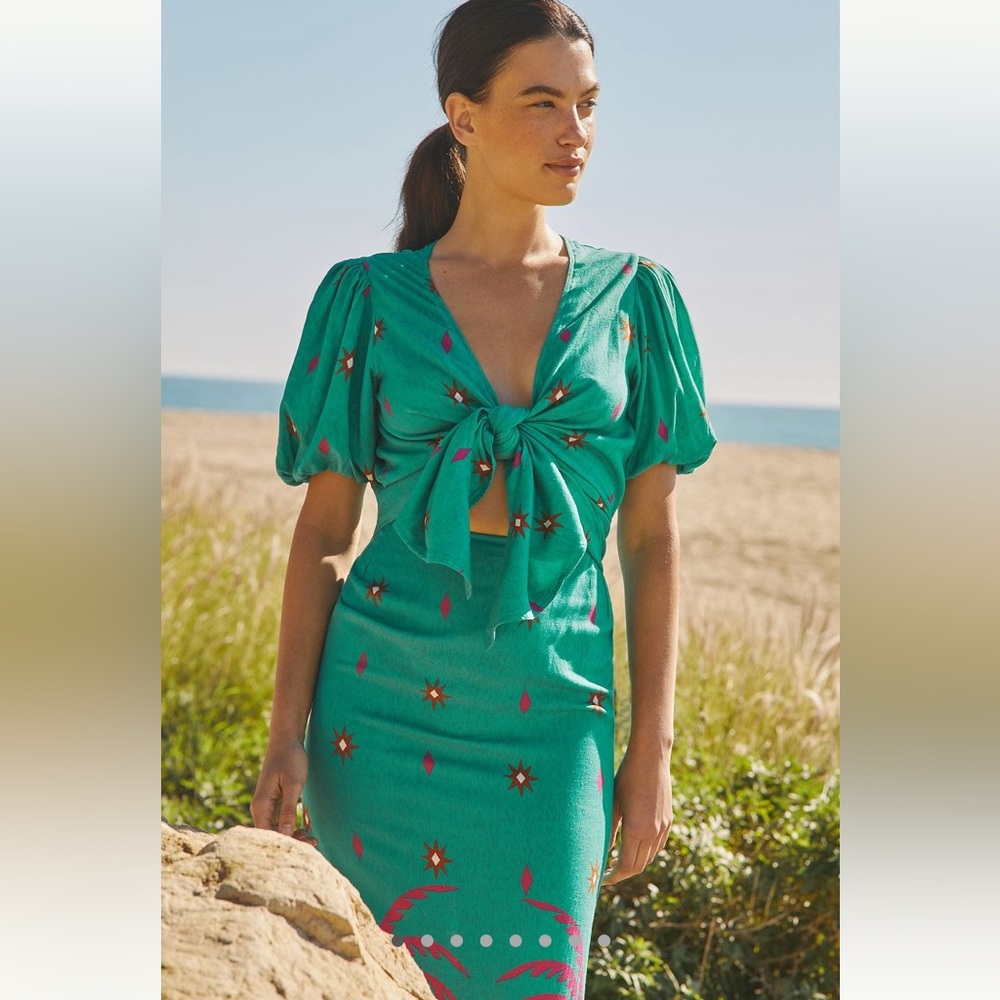 Anthropologie Green Midi Dress with Pink & White Motif - Picture 2 of 14